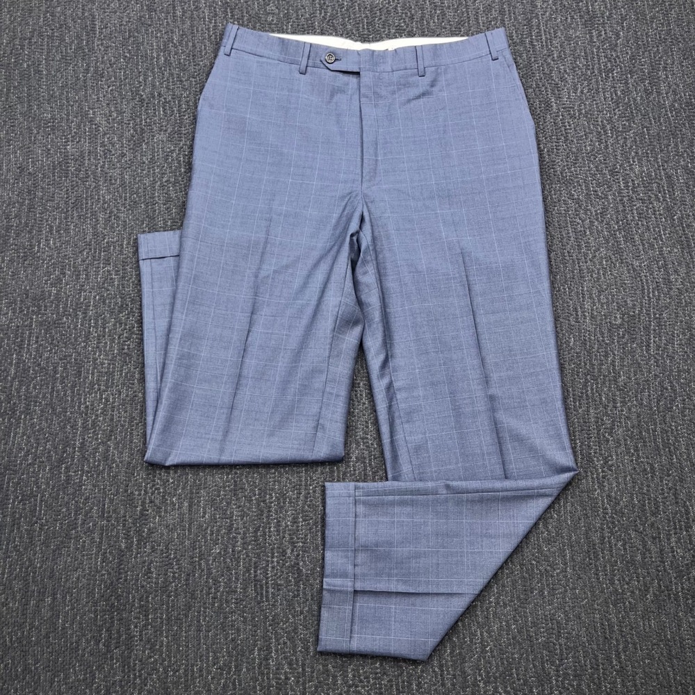 Canali Mens Blue Windowpane Pure Wool Cuffed Dress Pants Size 54 R 37x30